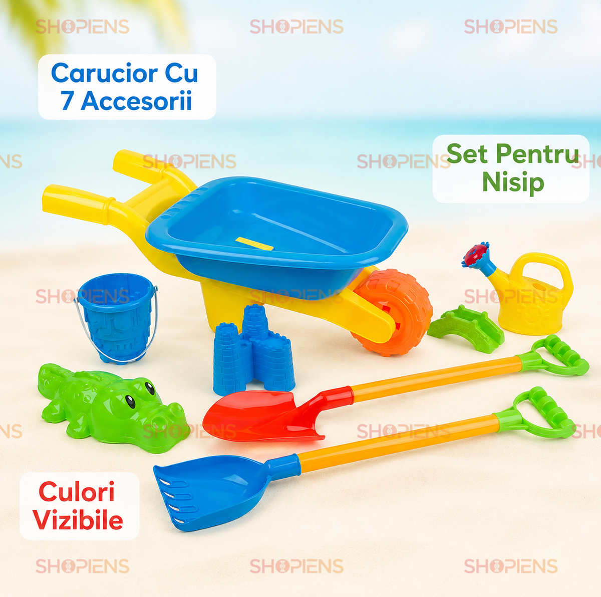 Set Roaba Cu 7 Accesorii De Plaja Pentru Copii 58x24x19 cm Galeata Stropitoare Si Forme
