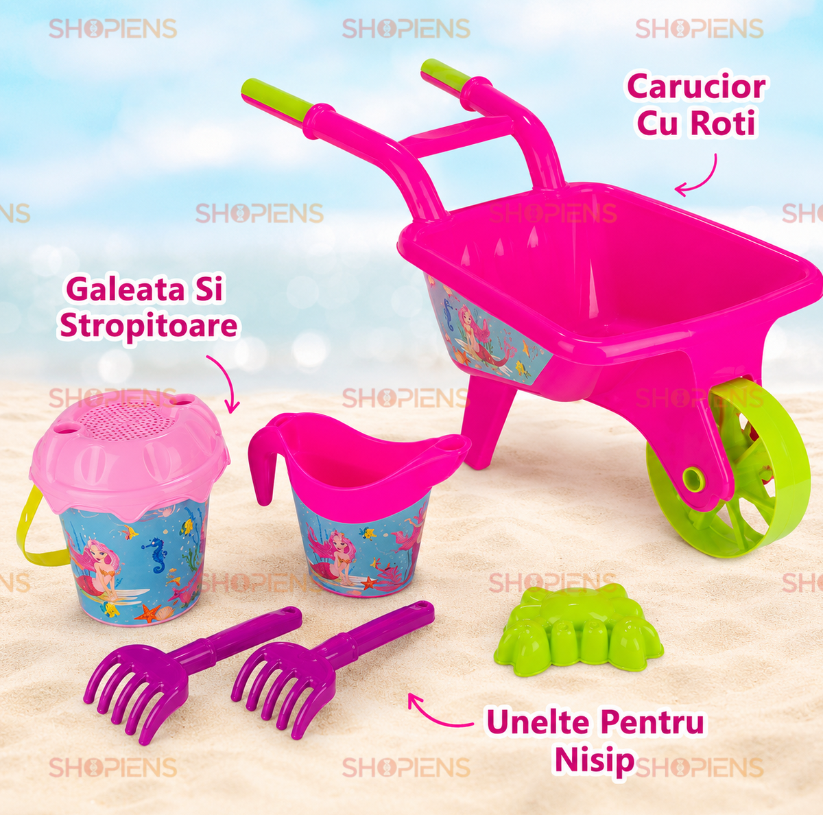Set Roaba Roz Cu 5 Accesorii Plaja Copii Model Sirena 30x27x26 cm Galeata Cana Greble Forma Crab