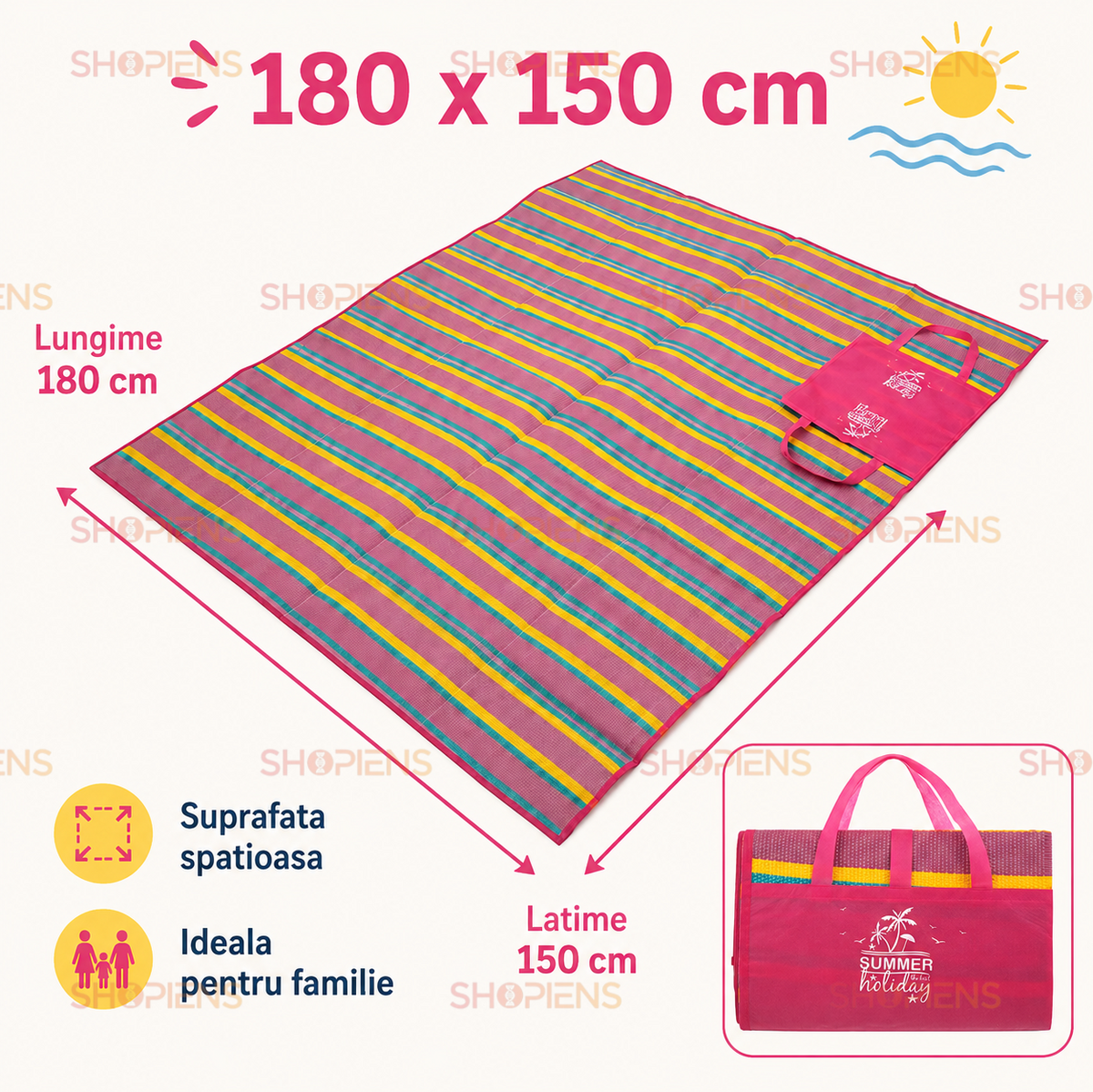 Rogojina Plaja Dubla Fucsia Cu Dungi Colorate Pentru Familie 180x150cm