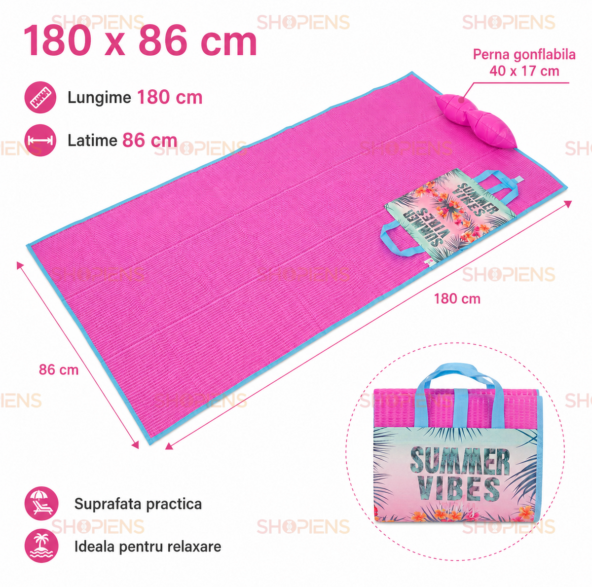 Rogojina Plaja Pliabila Roz Summer Vibes Cu Perna 180x86cm
