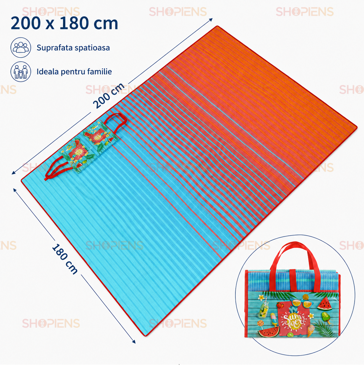 Rogojina Plaja Pentru Familie Turcoaz Portocalie Cu Dungi Pliabila Tip Geanta 200x180cm