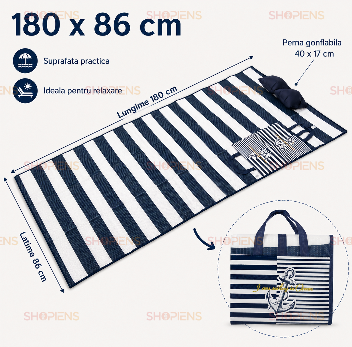 Rogojina Plaja Pliabila Alb Albastru Cu Ancora Si Perna 180x86cm