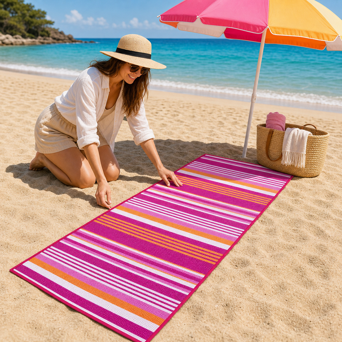 Rogojina Plaja Roz Fucsia Cu Dungi Portocalii 180x60cm
