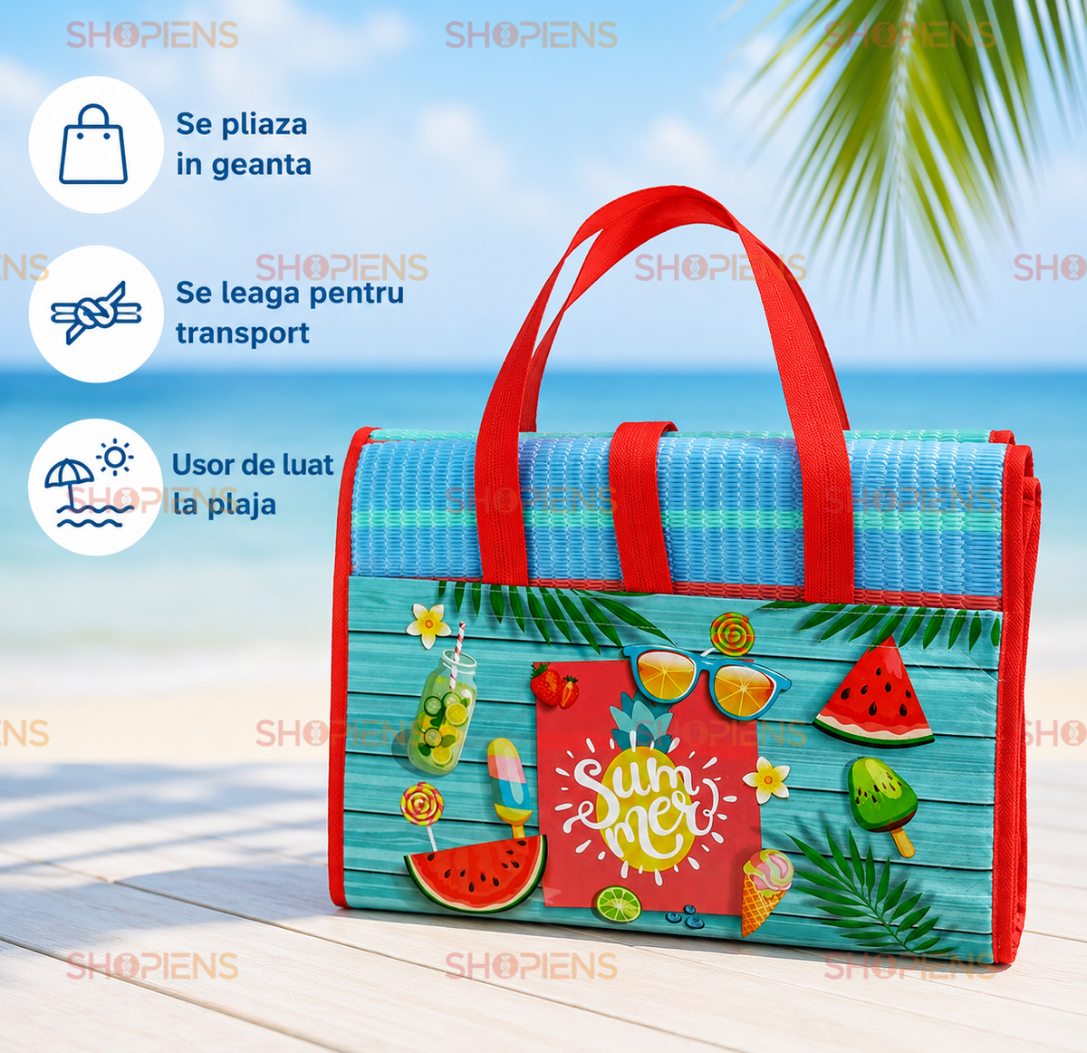 Rogojina Plaja Pentru Familie Turcoaz Portocalie Cu Dungi Pliabila Tip Geanta 200x180cm