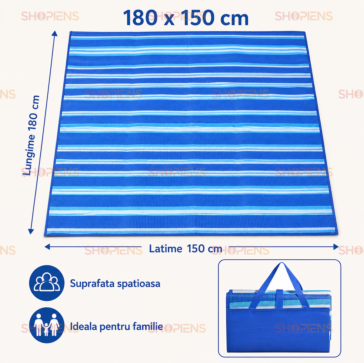 Rogojina Plaja Dubla Bleu Cu Dungi Albe Pentru Familie 180x150cm