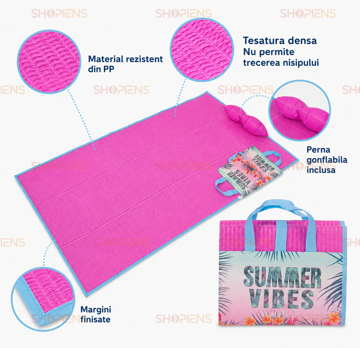 Rogojina Plaja Pliabila Roz Summer Vibes Cu Perna 180x86cm