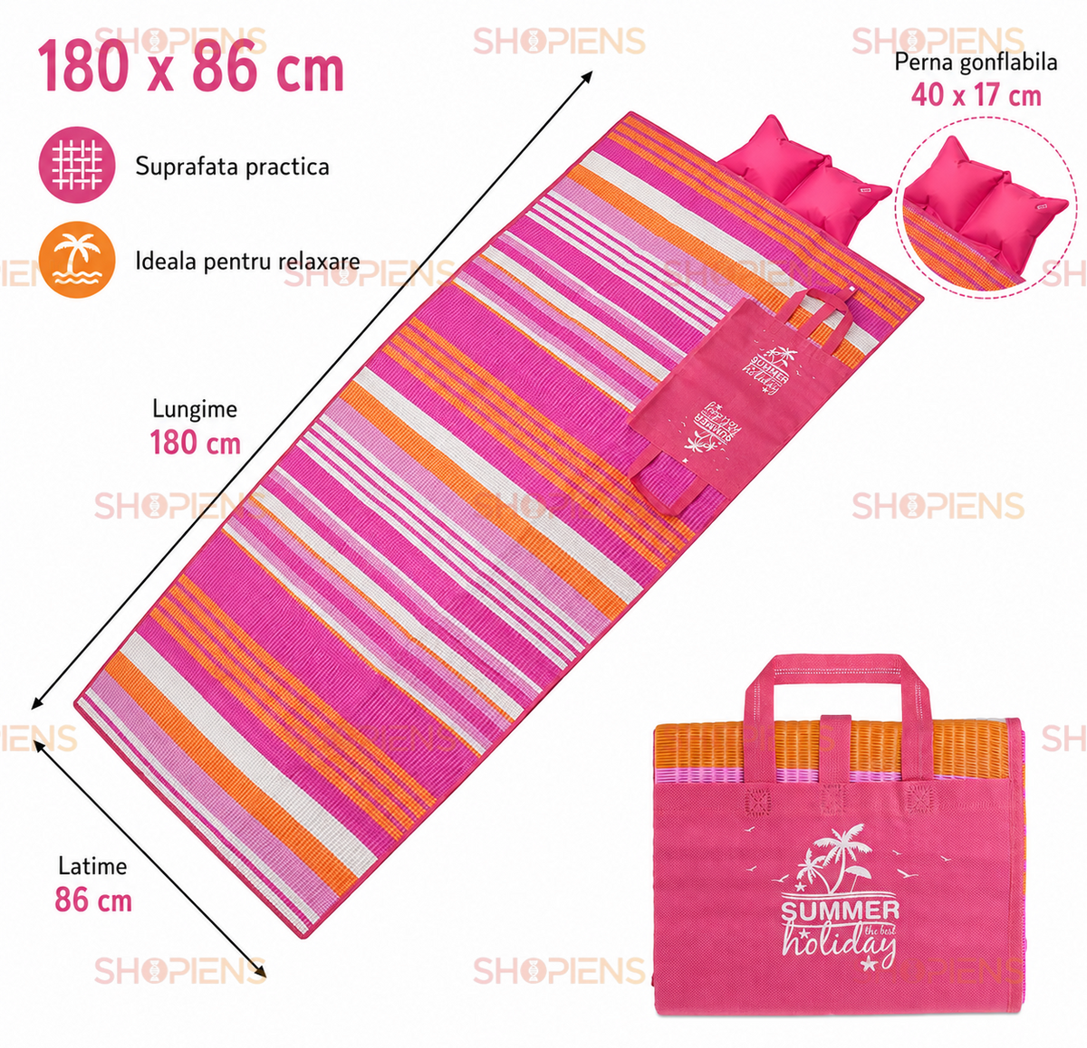 Rogojina Plaja Pliabila Fucsia Cu Dungi Si Perna 180x86cm