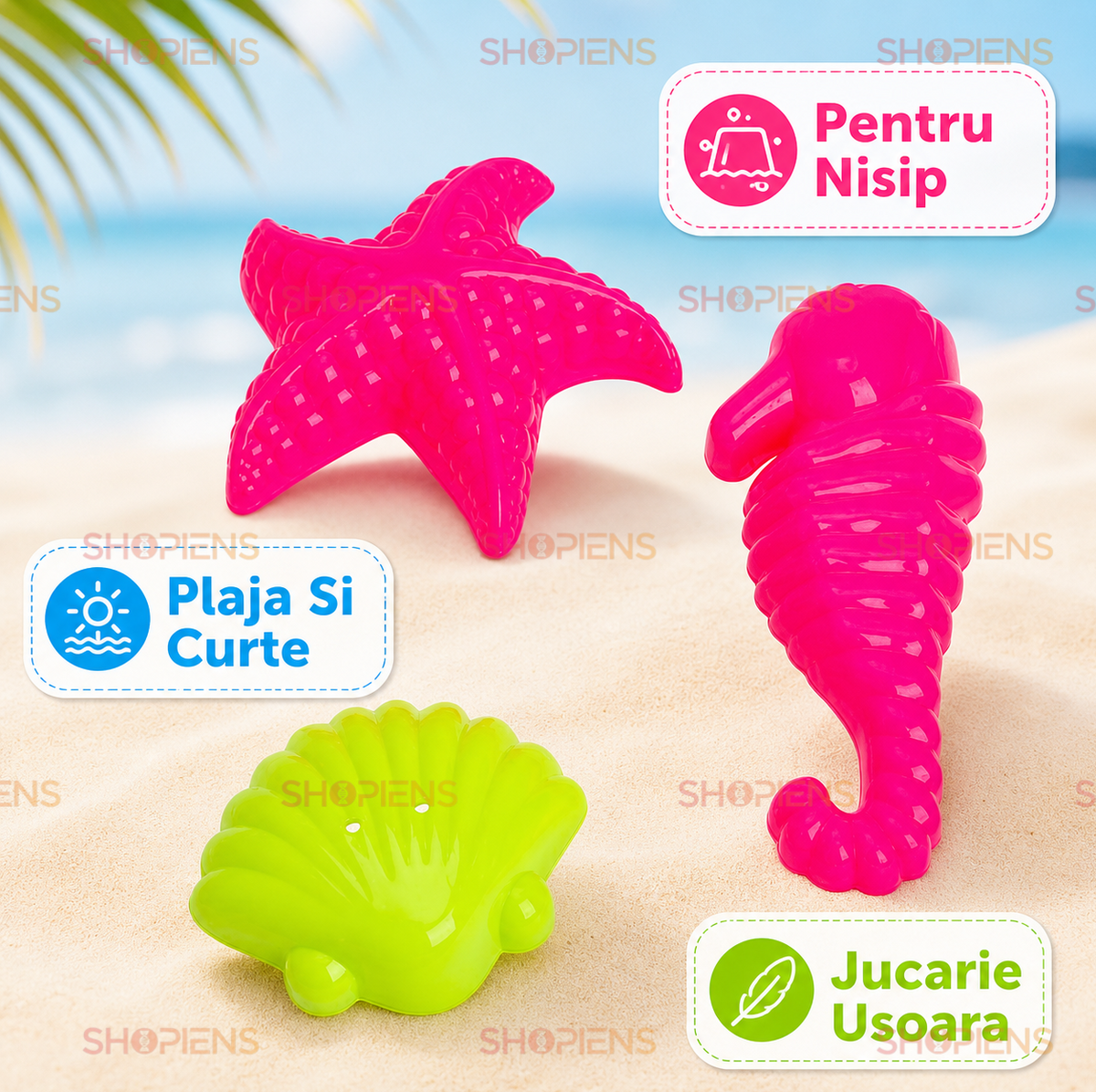 Set 3 Forme Nisip Copii Scoica Steluta De Mare Si Calut De Mare Din Plastic Pentru Plaja