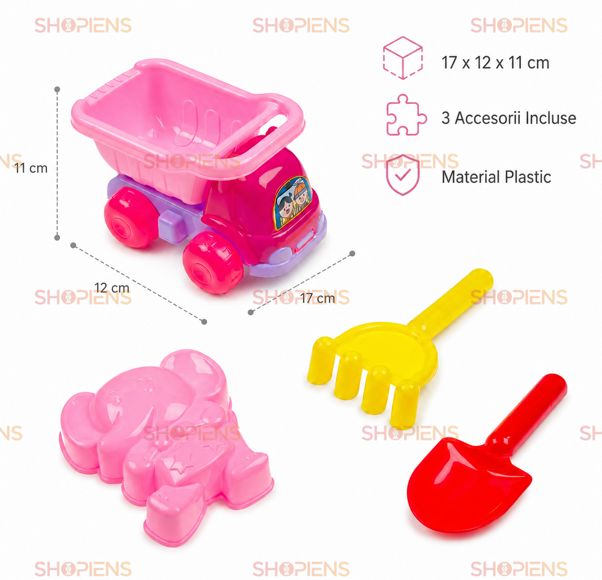 Set 4 Piese Plaja Copii Camion Roz Cu Bena Lopatica Grebla Si Forma Elefant Pentru Nisip