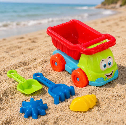 Set 5 Piese Nisip Copii Camion Colorat Cu Bena Lopatica Grebla Si Forme Marine Pentru Plaja