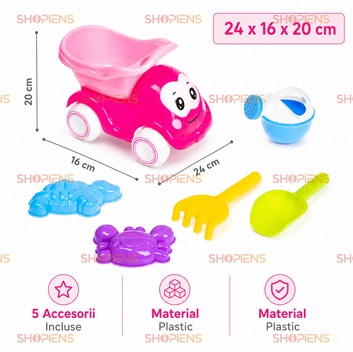 Set 6 Accesorii Plaja Copii Cu Camion Roz Stropitoare Lopatica Grebla Si Forme Pentru Nisip
