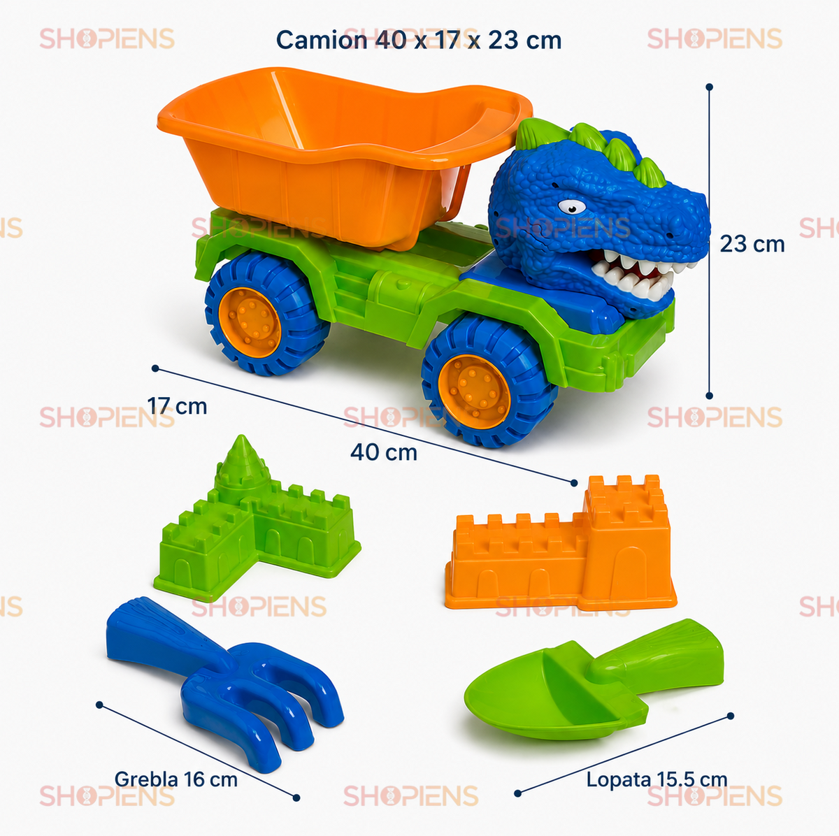 Set 6 Jucarii De Plaja Cu Camion Dinozaur Verde Albastru Lopata Grebla Si Forme Castel