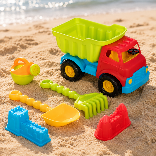 Set 6 Piese Pentru Nisip Cu Camion Mare Rosu Verde Lime Stropitoare Lopata Grebla Si Forme Castel