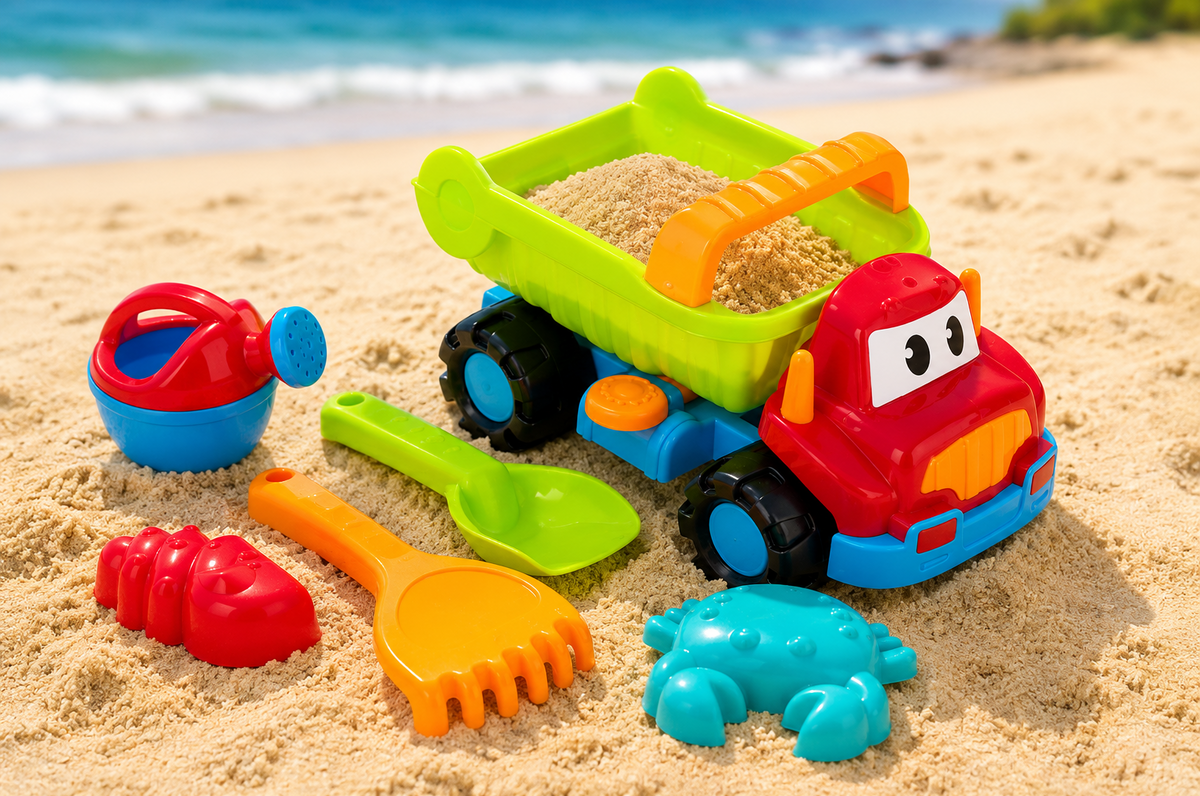 Set 6 Piese Nisip Copii Cu Camion Verde Lime Stropitoare Lopatica Grebla Si Forme Marine