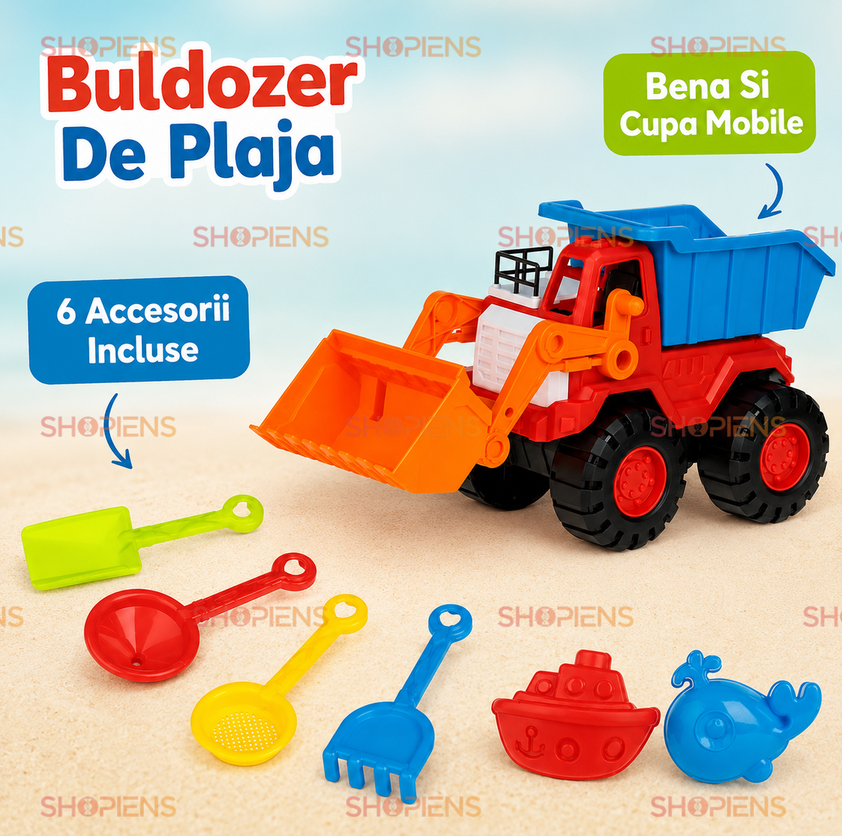 Set 7 Piese Plaja Copii Cu Buldozer Rosu Albastru Cupa Frontala Si Accesorii Pentru Nisip