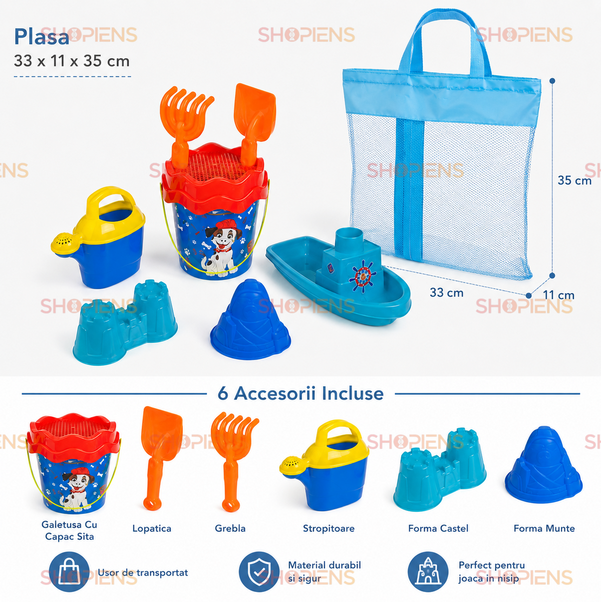 Set 8 Piese Plaja Copii Cu Plasa Transport Galetusa Vaporas Stropitoare Lopatica Grebla Si Forme