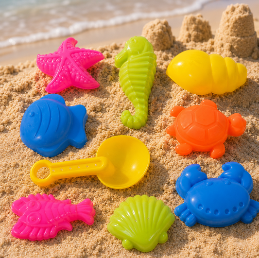 Set 9 Jucarii Nisip Copii Cu Lopatica Si Forme Animale Marine Colorate Pentru Plaja