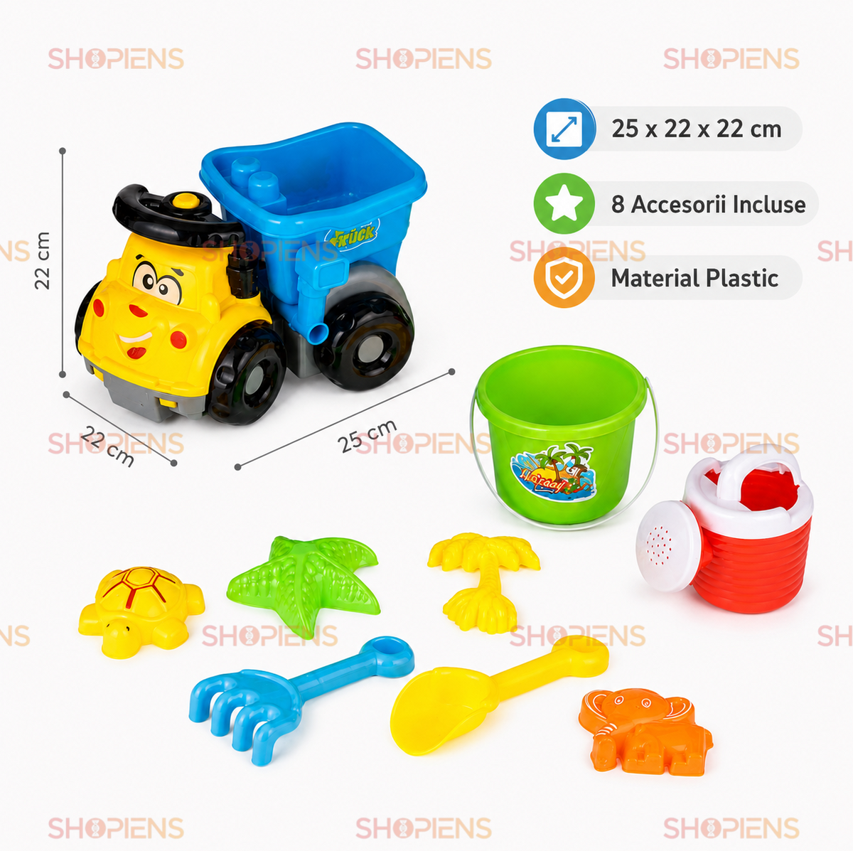 Set 9 Piese Plaja Copii Cu Camion Galben Albastru Galetusa Stropitoare Lopata Grebla Si Forme Marine