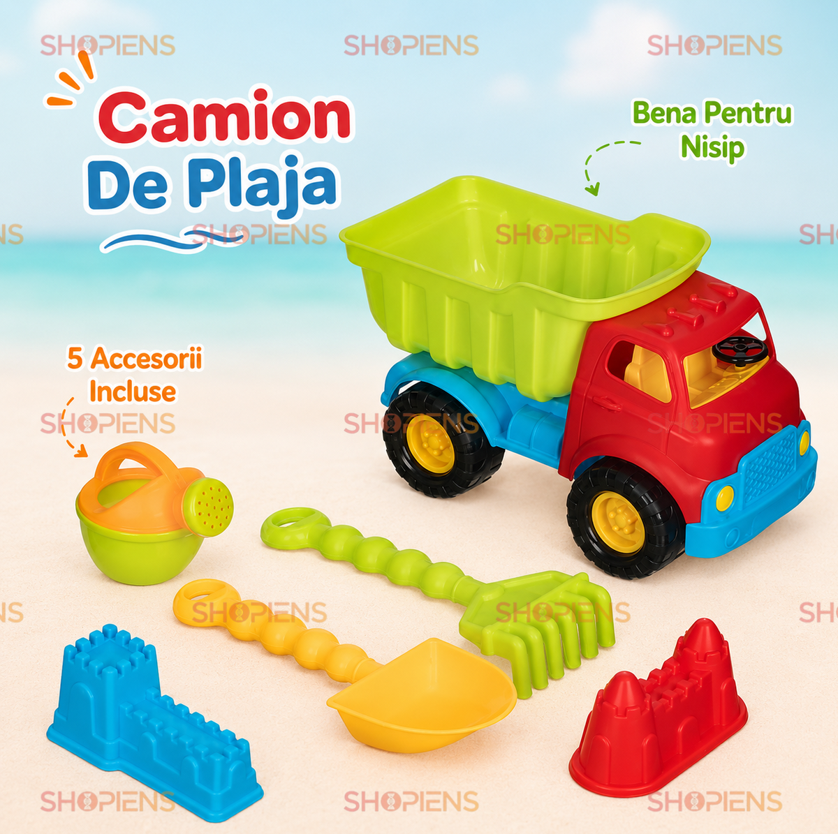 Set 6 Piese Pentru Nisip Cu Camion Mare Rosu Verde Lime Stropitoare Lopata Grebla Si Forme Castel