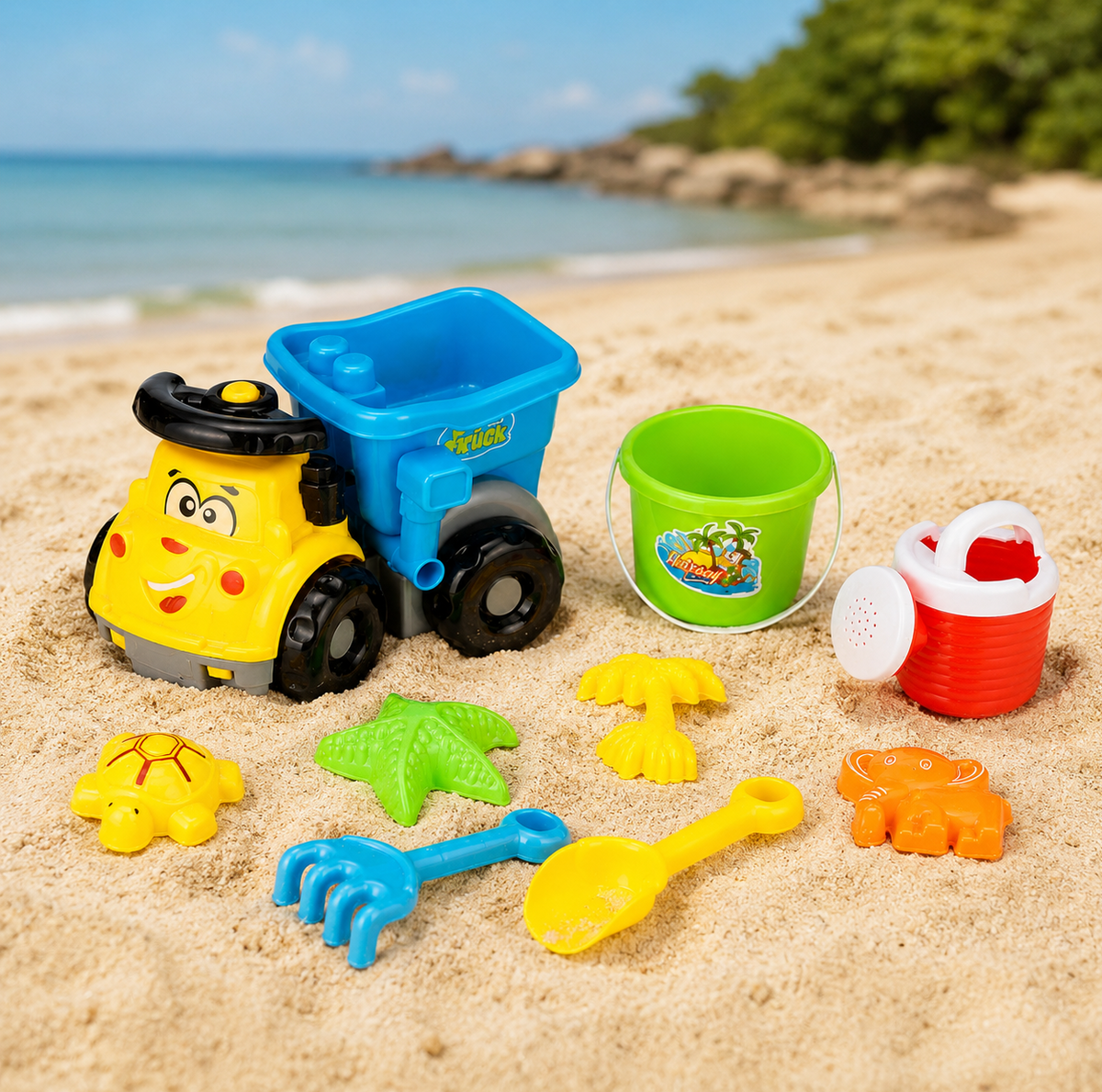 Set 9 Piese Plaja Copii Cu Camion Galben Albastru Galetusa Stropitoare Lopata Grebla Si Forme Marine