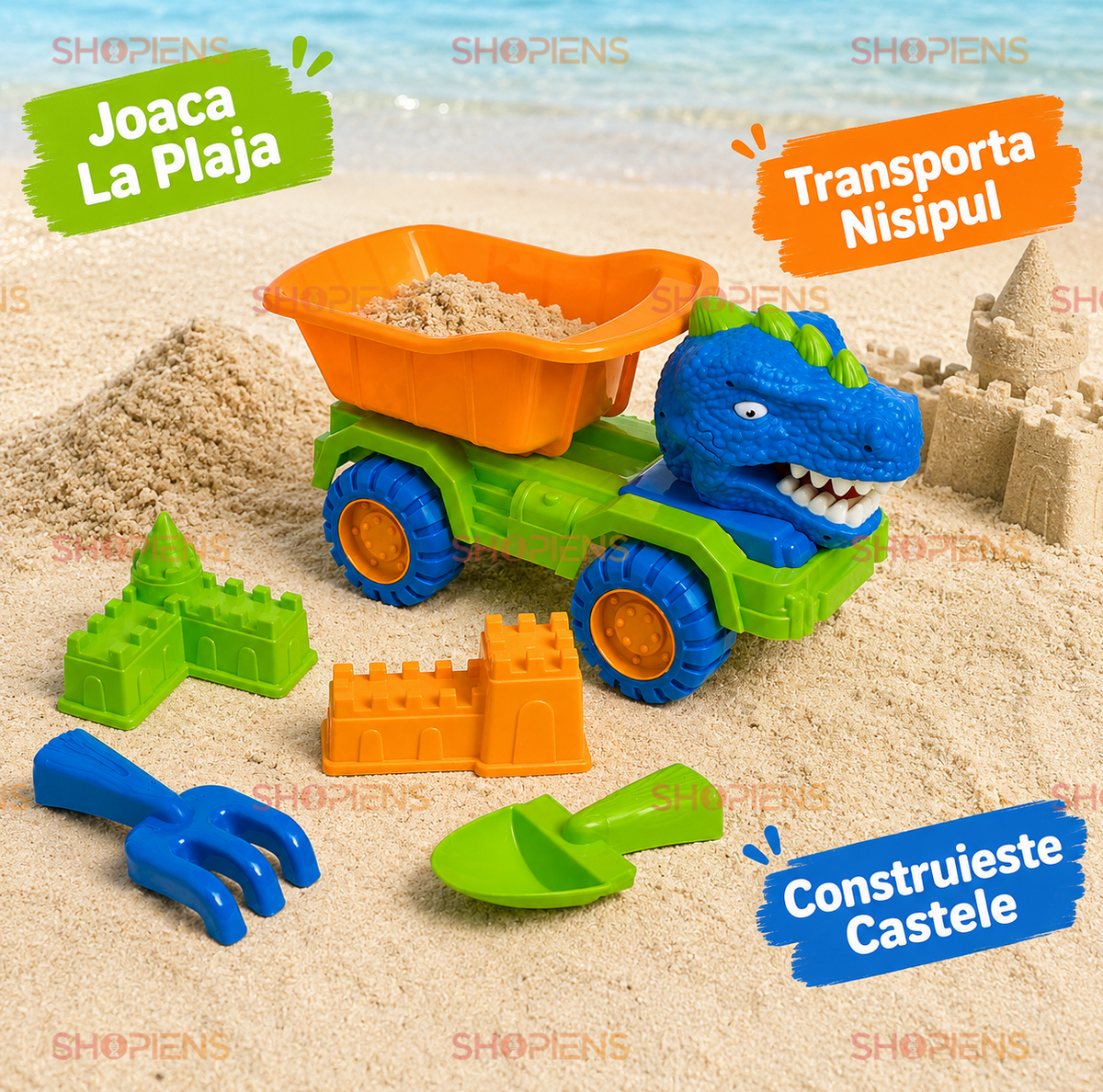 Set 6 Jucarii De Plaja Cu Camion Dinozaur Verde Albastru Lopata Grebla Si Forme Castel
