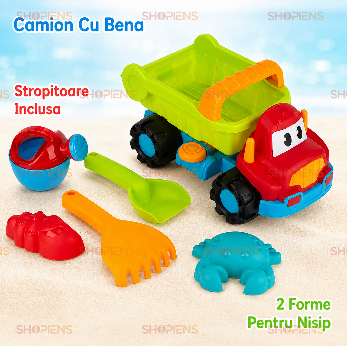 Set 6 Piese Nisip Copii Cu Camion Verde Lime Stropitoare Lopatica Grebla Si Forme Marine