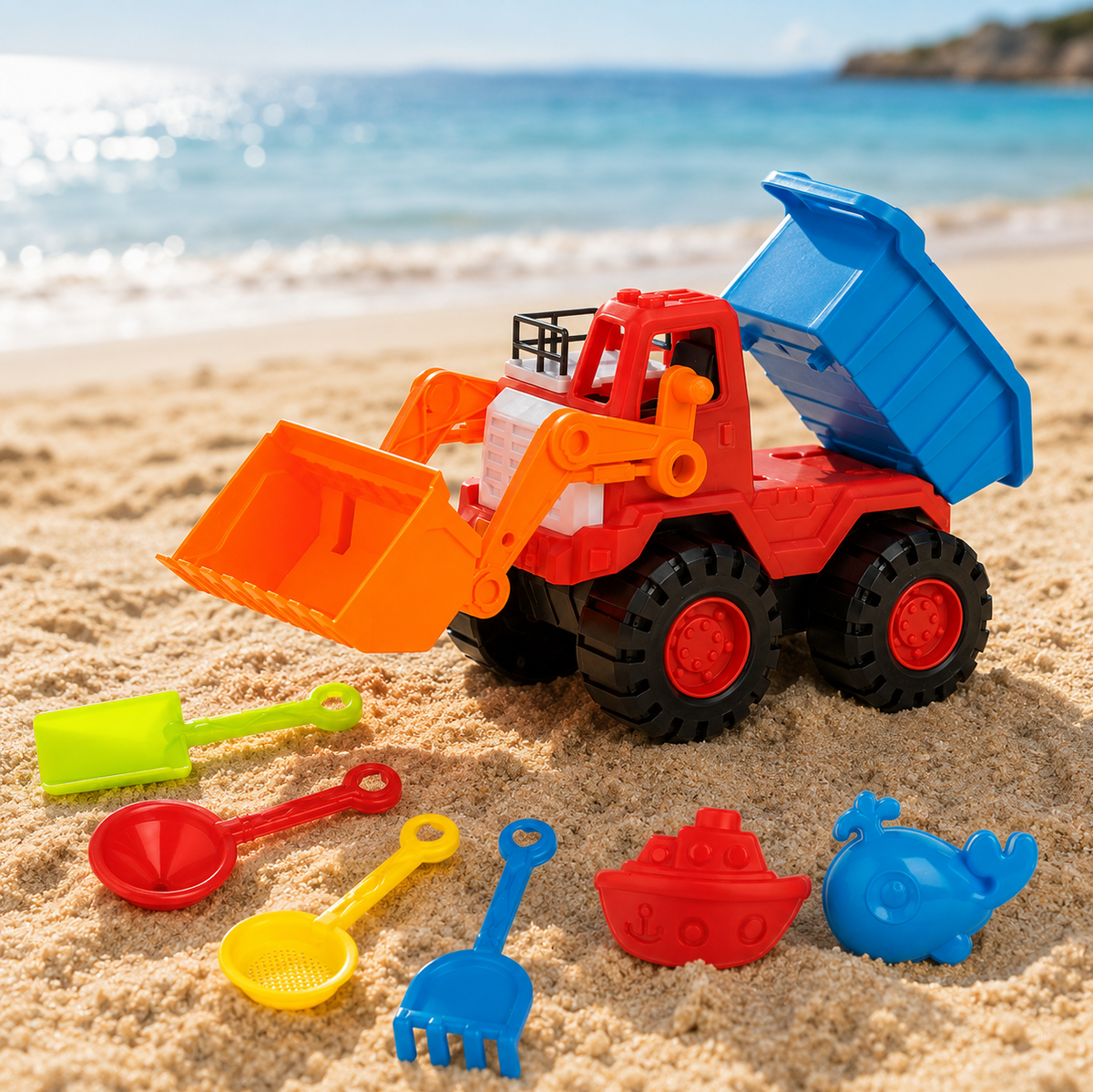 Set 7 Piese Plaja Copii Cu Buldozer Rosu Albastru Cupa Frontala Si Accesorii Pentru Nisip