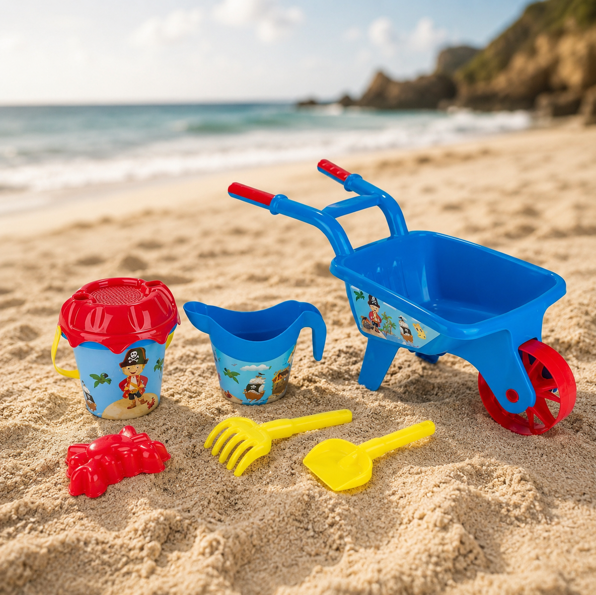 Set Roaba Cu 5 Accesorii Plaja Copii Model Pirati 30x27x26 cm Galeata Cana Lopatica Grebla Forma Crab