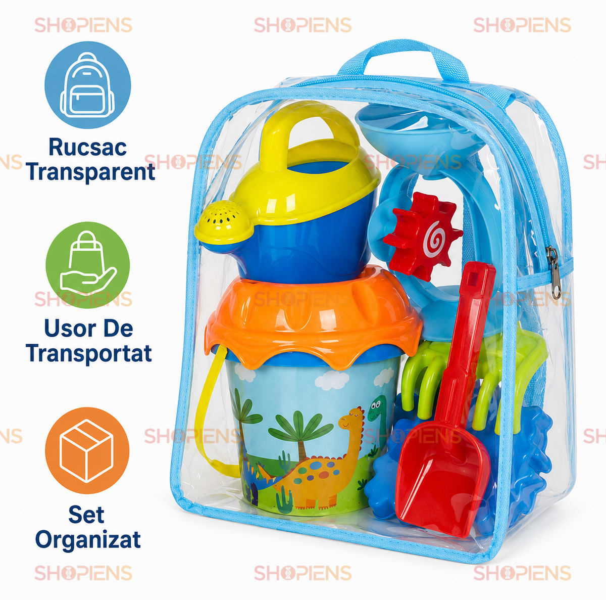 Set 8 Piese Plaja Copii Cu Ghiozdan Transparent Galetusa Dinozaur Moara Stropitoare Si Forme