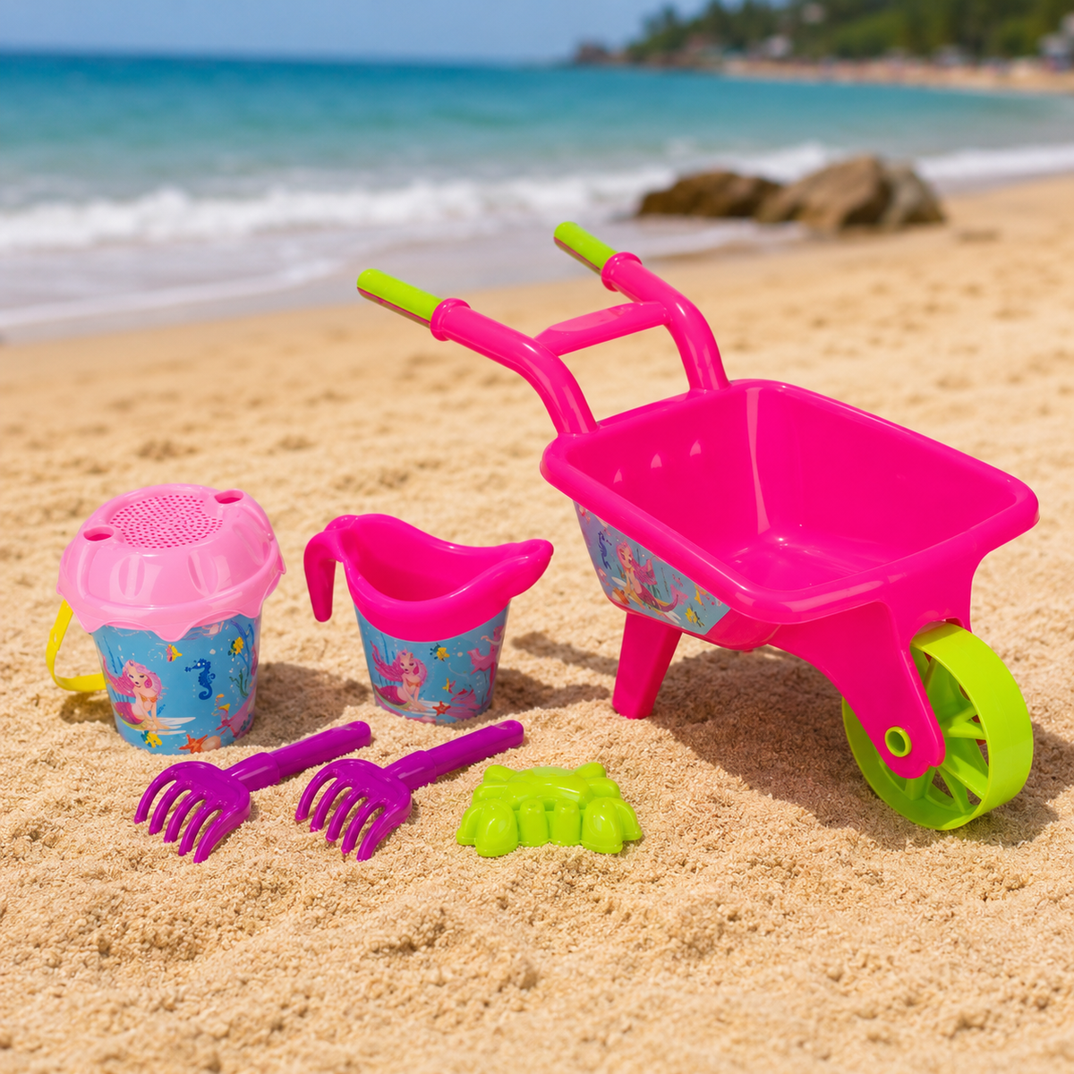 Set Roaba Roz Cu 5 Accesorii Plaja Copii Model Sirena 30x27x26 cm Galeata Cana Greble Forma Crab