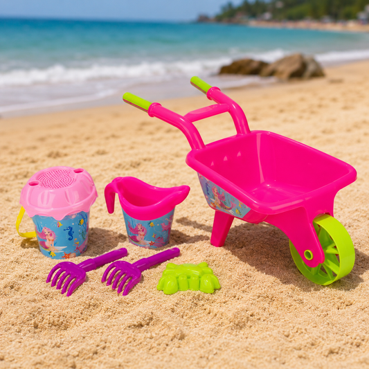 Set Roaba Roz Cu 5 Accesorii Plaja Copii Model Sirena 30x27x26 cm Galeata Cana Greble Forma Crab