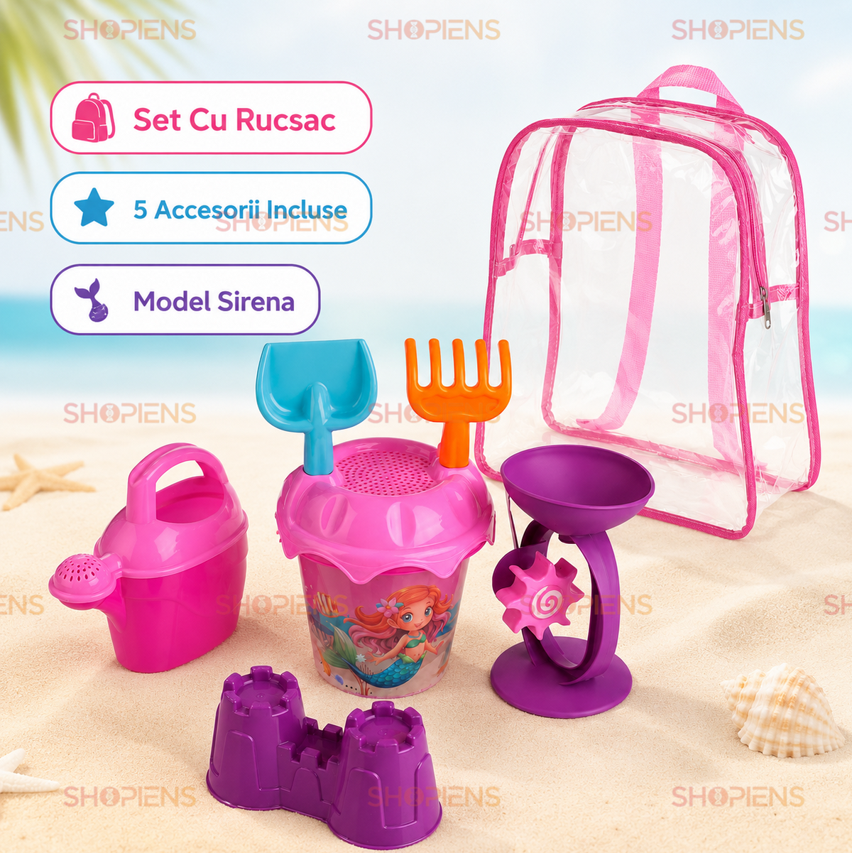Set Ghiozdan Transparent Roz Cu 6 Accesorii Plaja Copii Galetusa Sirena Moara Stropitoare Si Castel