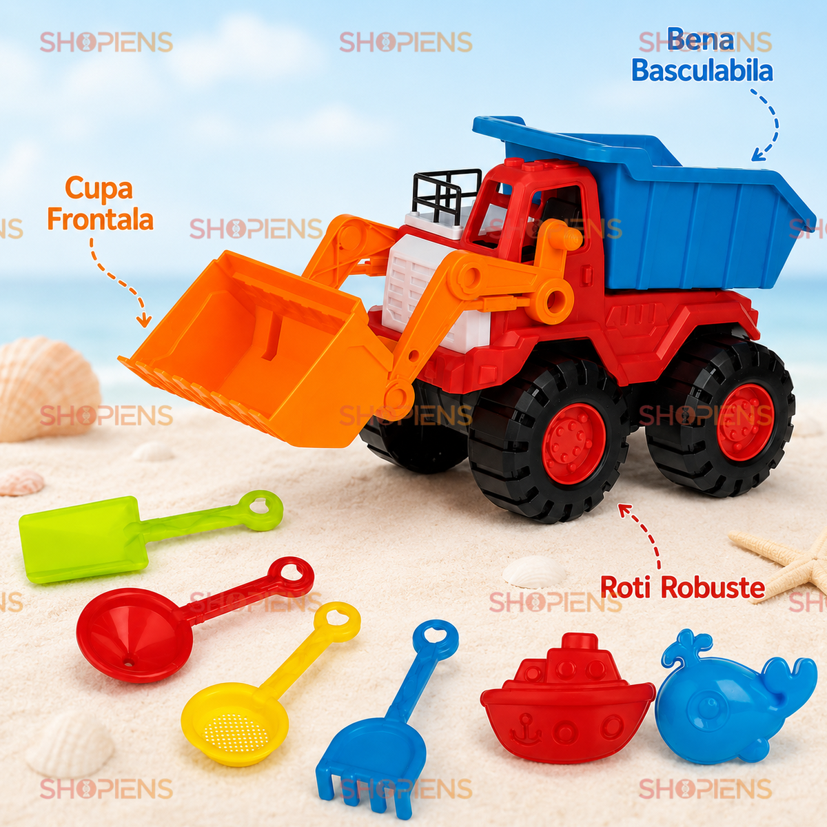 Set 7 Piese Plaja Copii Cu Buldozer Rosu Albastru Cupa Frontala Si Accesorii Pentru Nisip