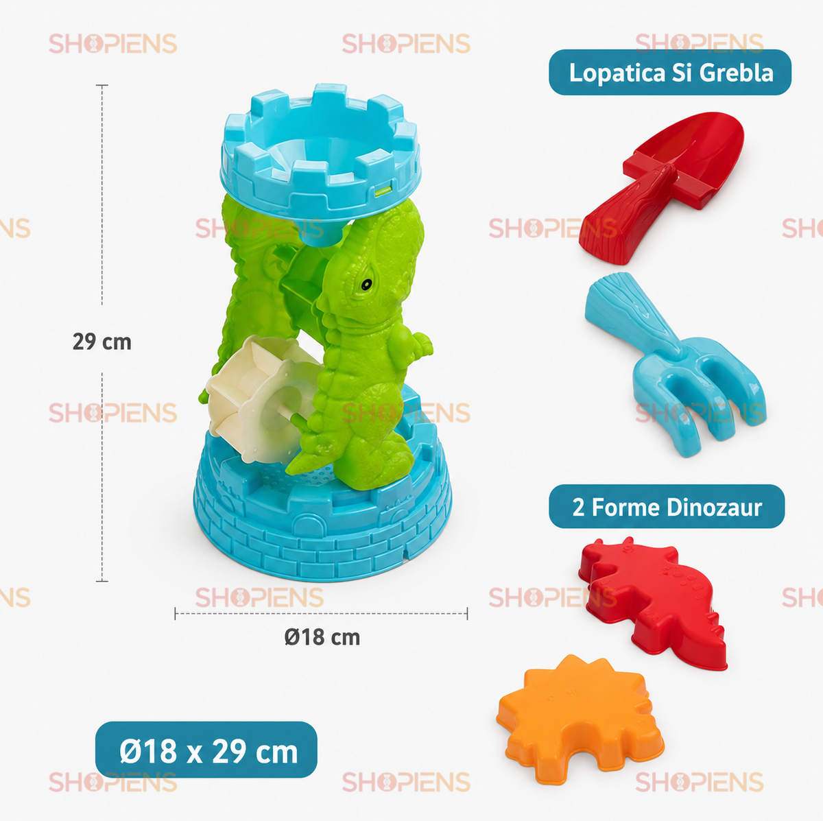 Set Moara Dinozaur Cu 4 Accesorii Pentru Plaja Copii Ø18x29 cm Lopatica Grebla Si Forme