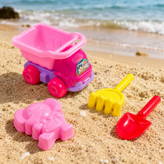 Set 4 Piese Plaja Copii Camion Roz Cu Bena Lopatica Grebla Si Forma Elefant Pentru Nisip