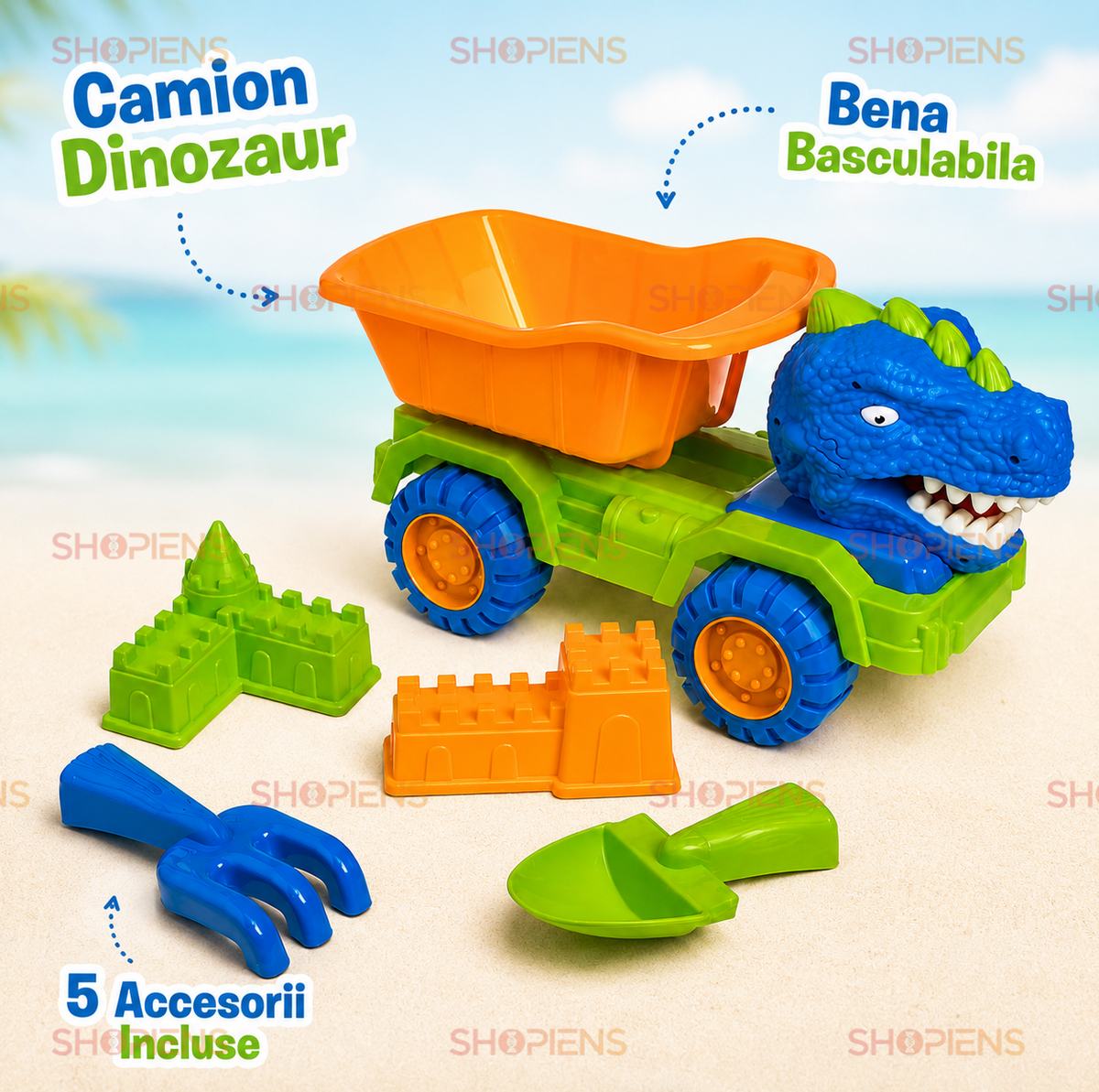 Set 6 Jucarii De Plaja Cu Camion Dinozaur Verde Albastru Lopata Grebla Si Forme Castel