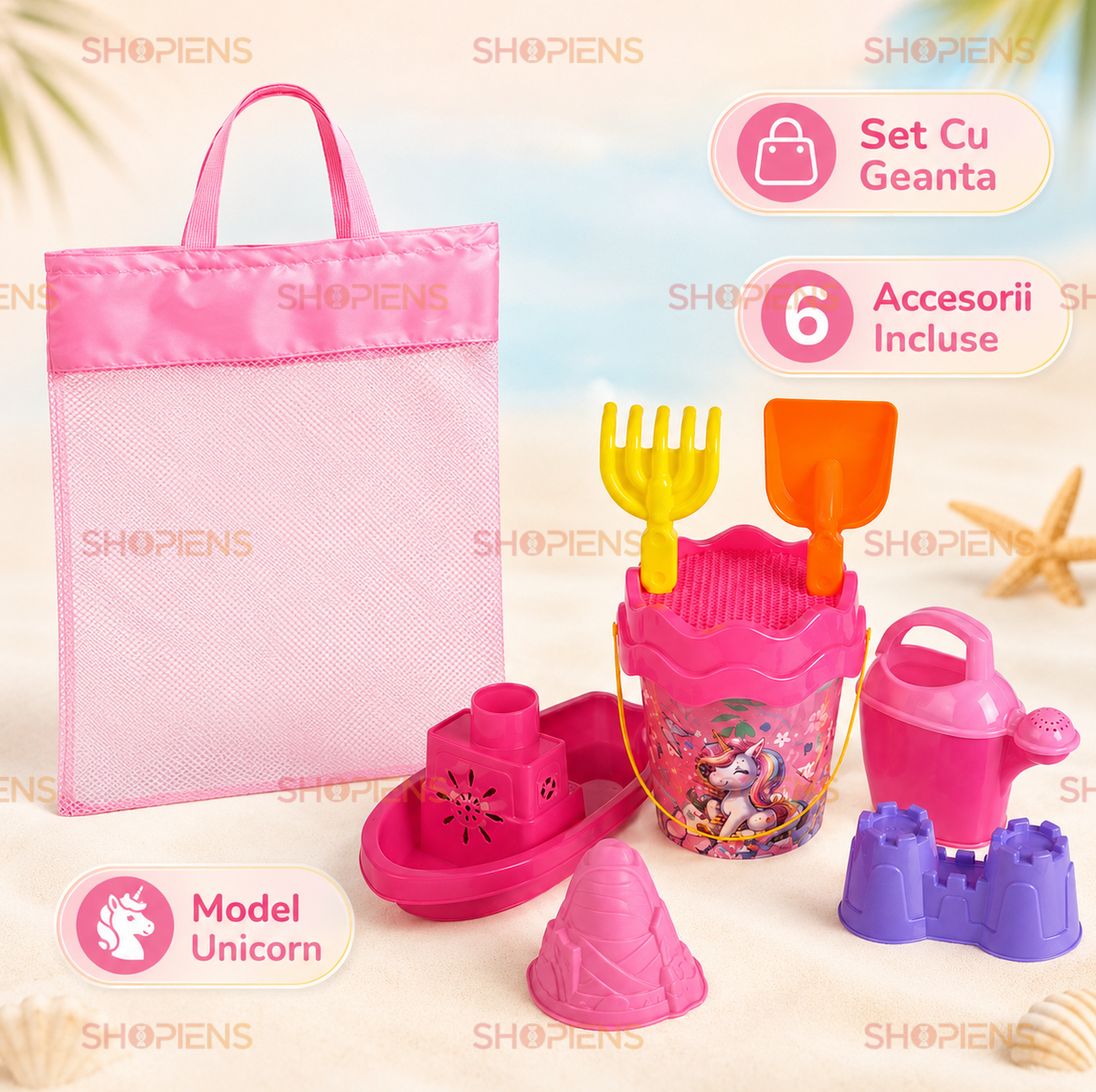 Set Plasa Roz Cu 7 Accesorii De Plaja Copii 37x20x42 cm Galetusa Unicorn Vaporas Si Forme