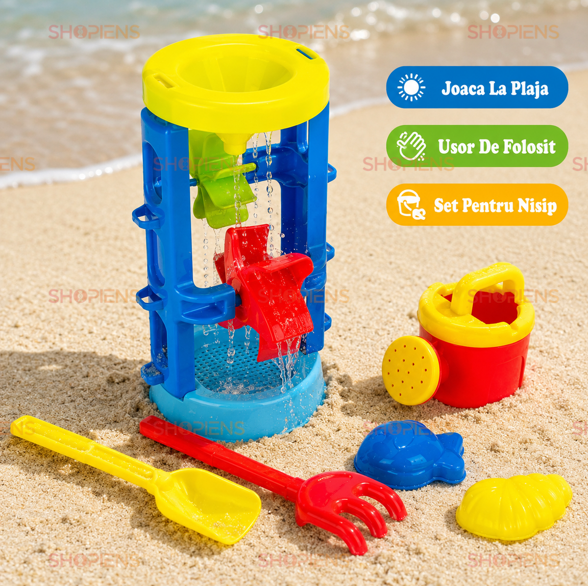 Set Moara Cu 4 Accesorii Pentru Plaja Copii Ø18x29 cm Joaca In Nisip Si Apa