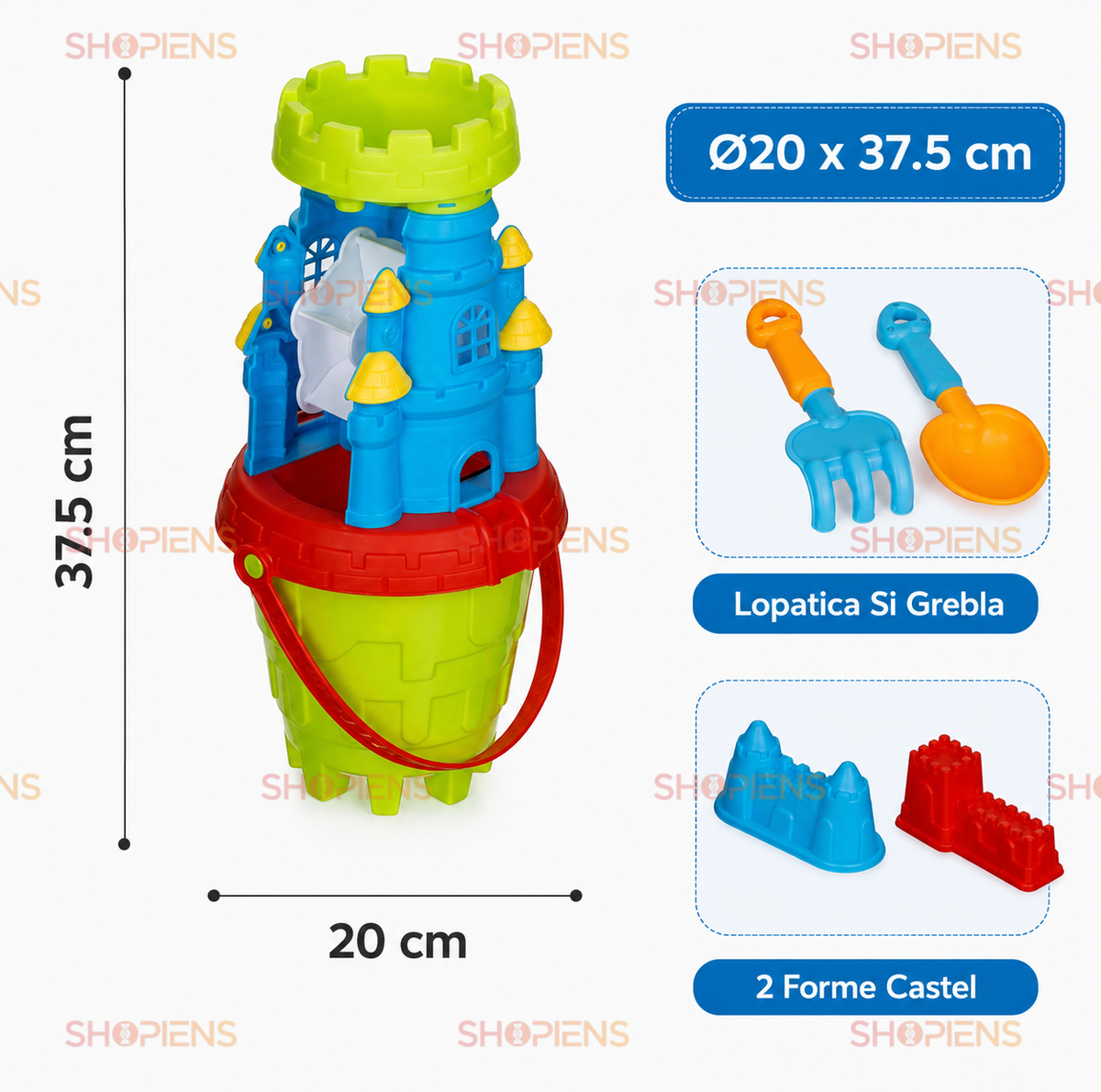 Set Galeata Castel Cu 4 Accesorii Pentru Plaja Copii Ø20x37.5 cm Lopatica Grebla Si Forme