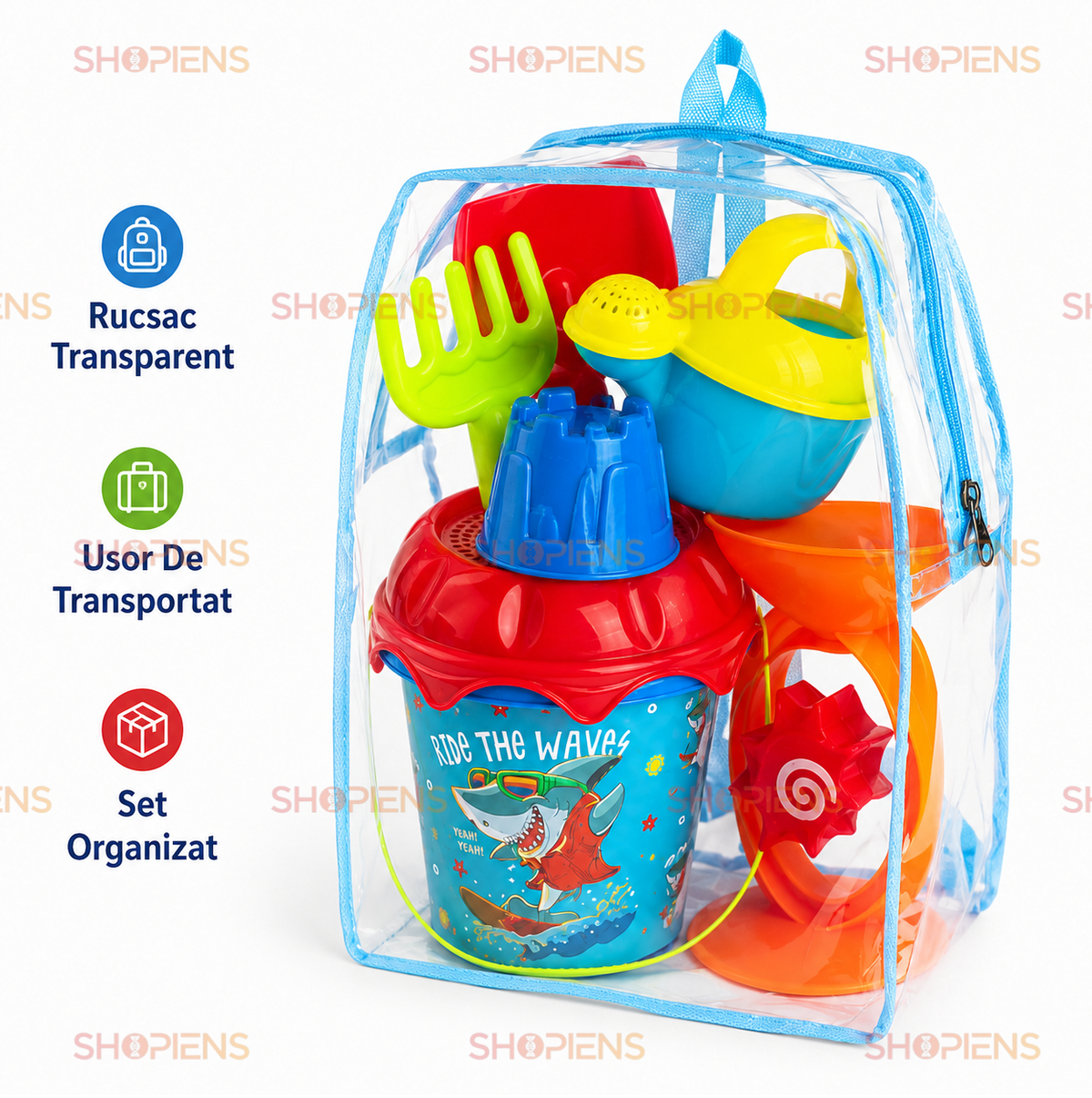 Set 7 Piese Plaja Copii Cu Ghiozdan Transparent Galetusa Rechin Moara Stropitoare Si Forma Castel