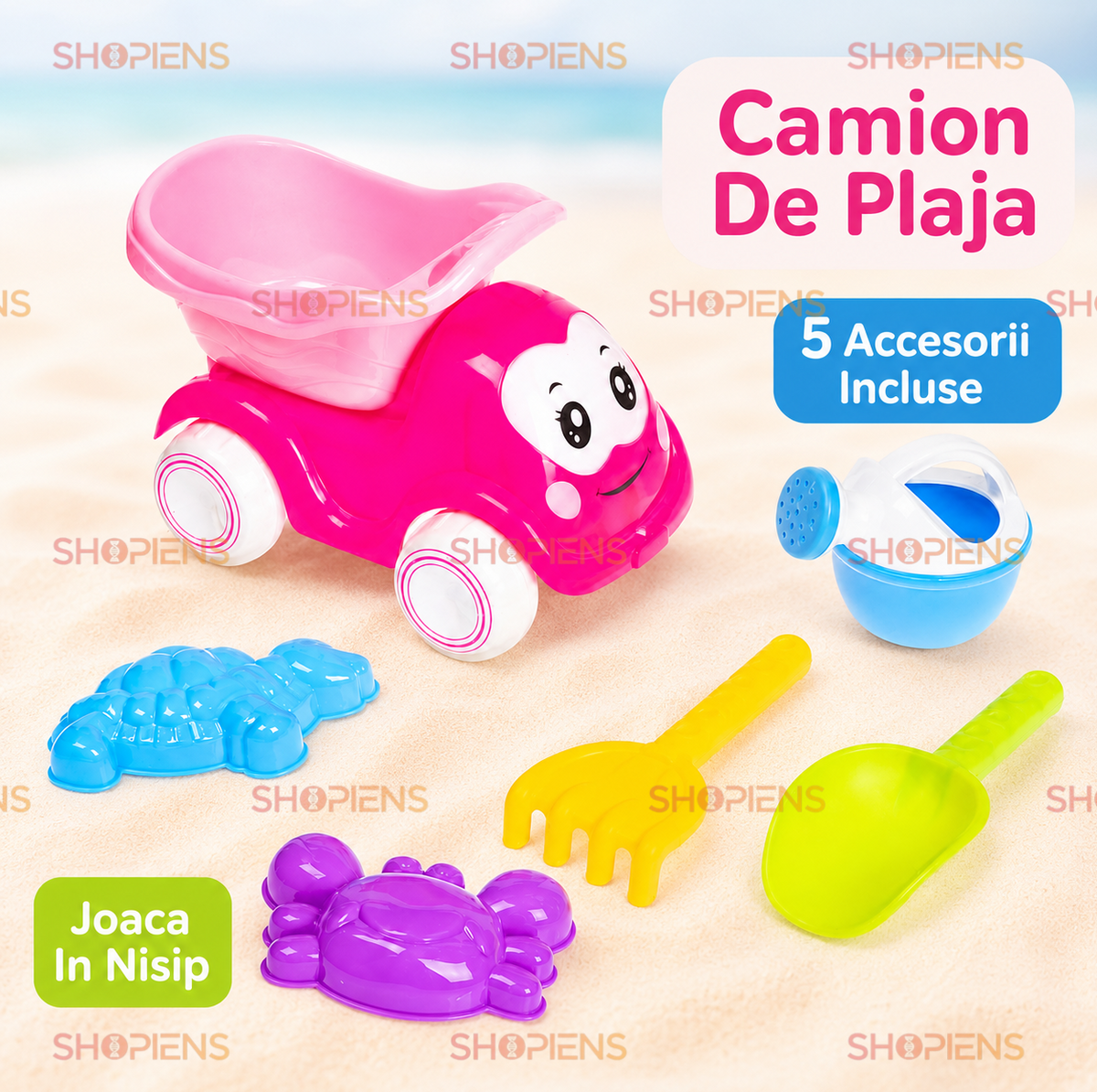 Set 6 Accesorii Plaja Copii Cu Camion Roz Stropitoare Lopatica Grebla Si Forme Pentru Nisip