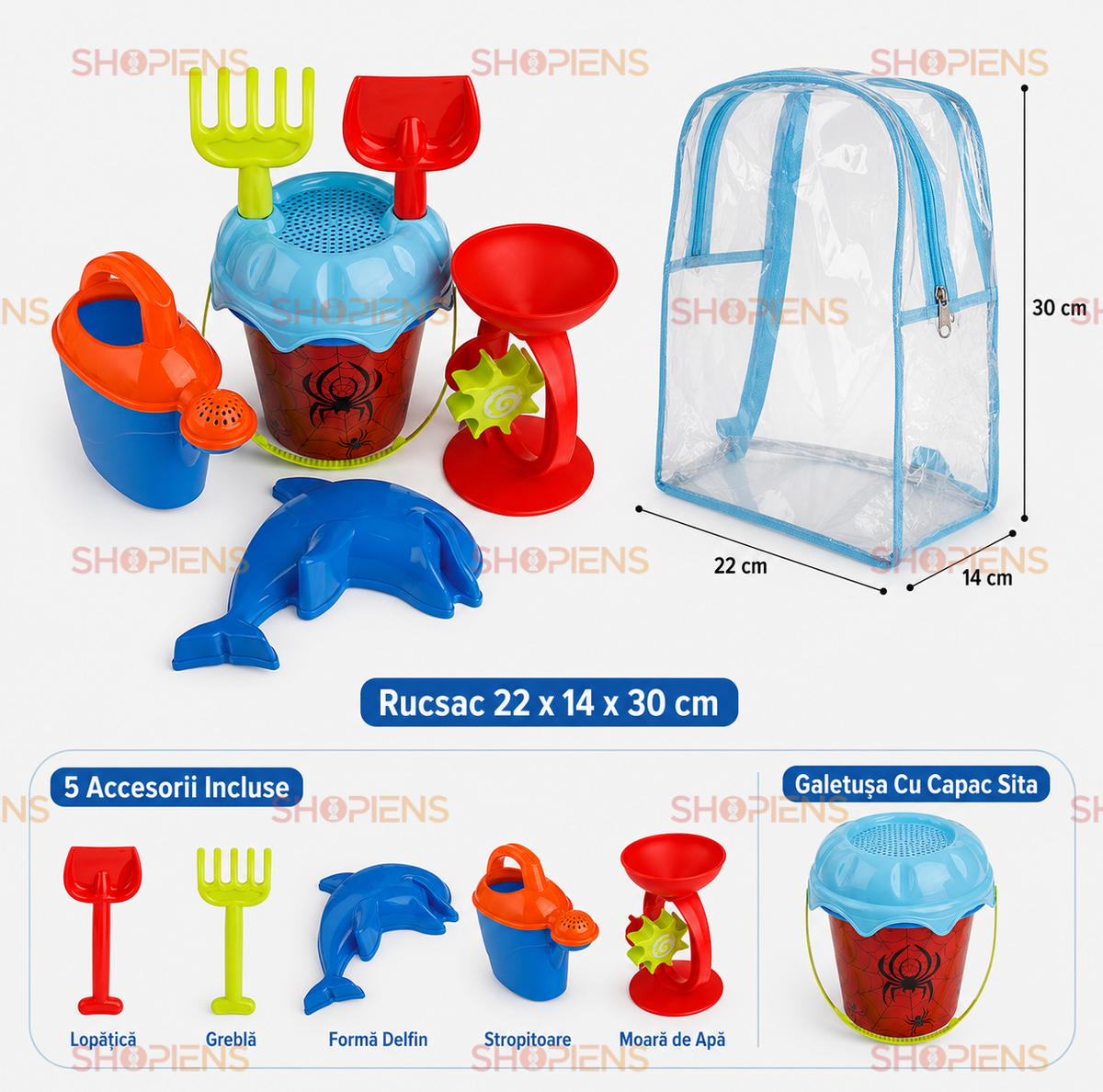 Set Ghiozdan Transparent Cu 6 Accesorii Pentru Plaja Copii Galetusa Paianjen Moara Stropitoare Si Forma Delfin