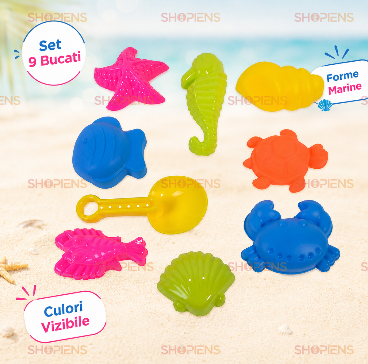Set 9 Jucarii Nisip Copii Cu Lopatica Si Forme Animale Marine Colorate Pentru Plaja