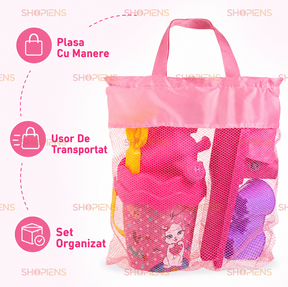 Set Plasa Roz Cu 7 Accesorii Plaja Copii 33x11x35 cm Galetusa Pisicuta Vaporas Stropitoare Si Forme
