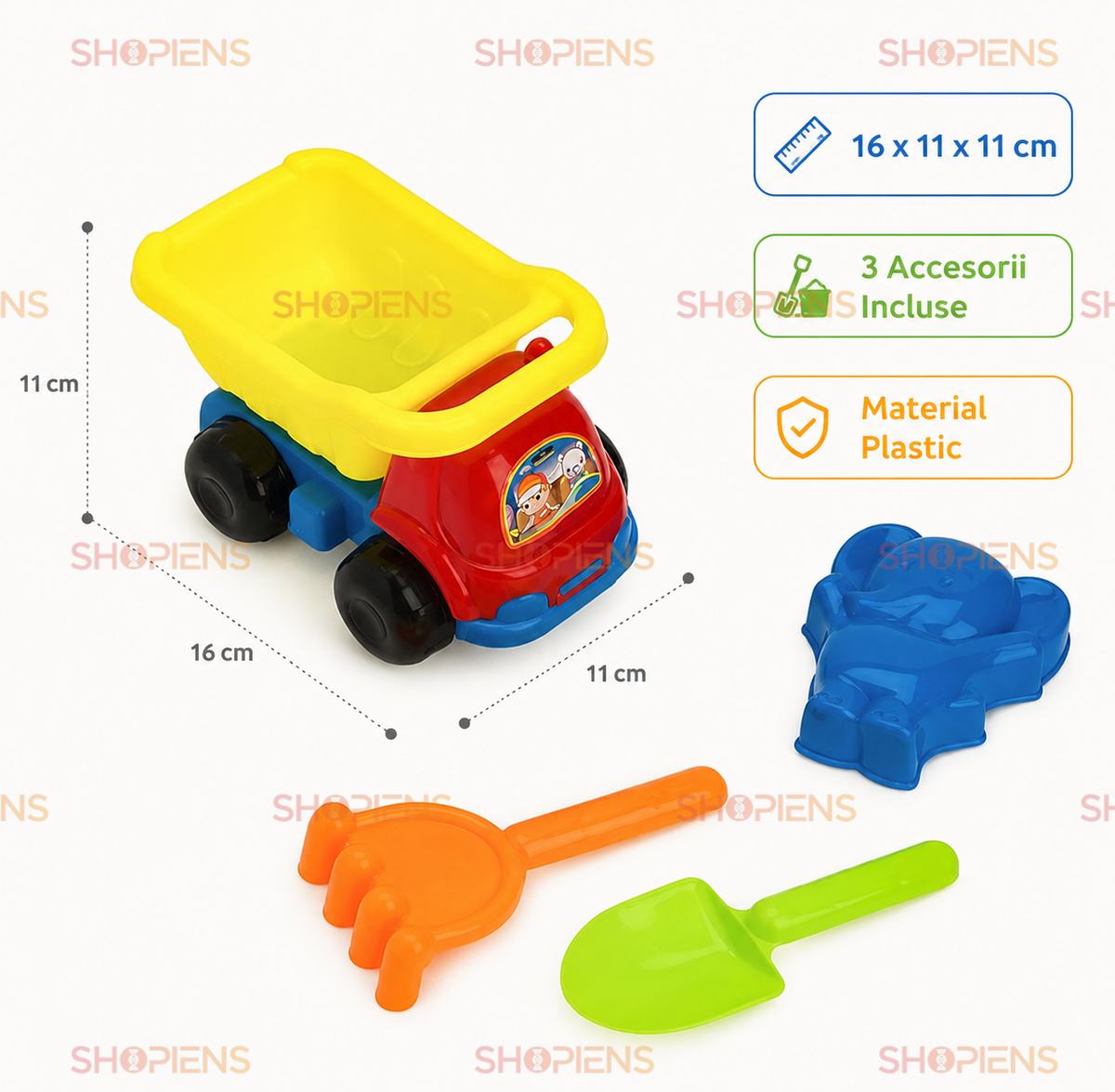 Set 4 Jucarii Nisip Copii Cu Camion Basculant Lopatica Grebla Si Forma Elefant Pentru Plaja