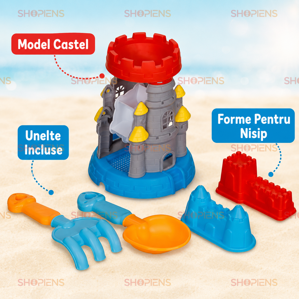 Set Castel Cu 4 Accesorii Pentru Plaja Copii Ø17.5x22.5 cm Grebla Lopatica Si Forme