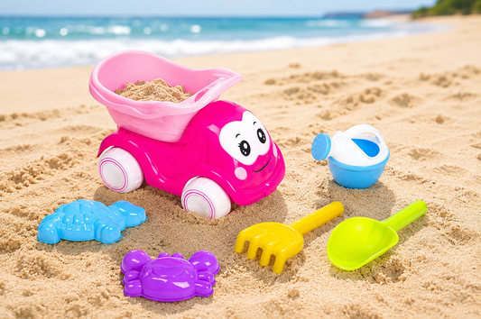 Set 6 Accesorii Plaja Copii Cu Camion Roz Stropitoare Lopatica Grebla Si Forme Pentru Nisip