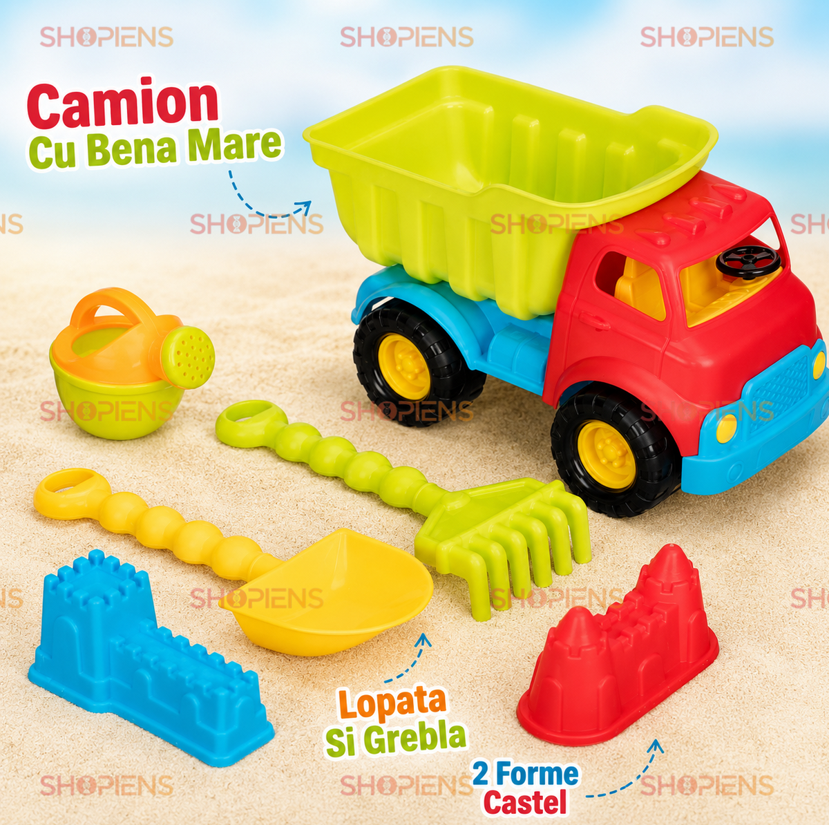 Set 6 Piese Pentru Nisip Cu Camion Mare Rosu Verde Lime Stropitoare Lopata Grebla Si Forme Castel