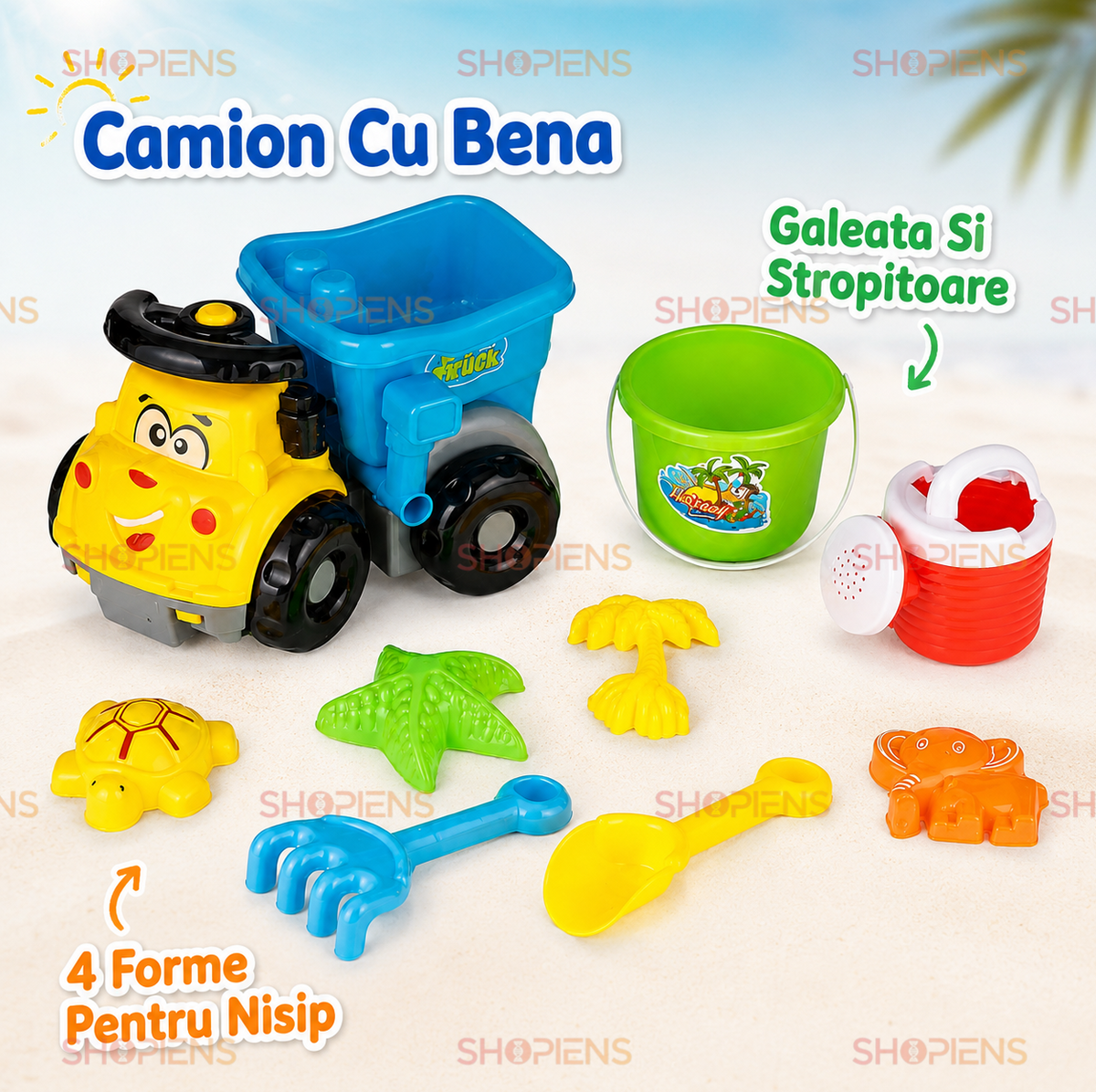 Set 9 Piese Plaja Copii Cu Camion Galben Albastru Galetusa Stropitoare Lopata Grebla Si Forme Marine