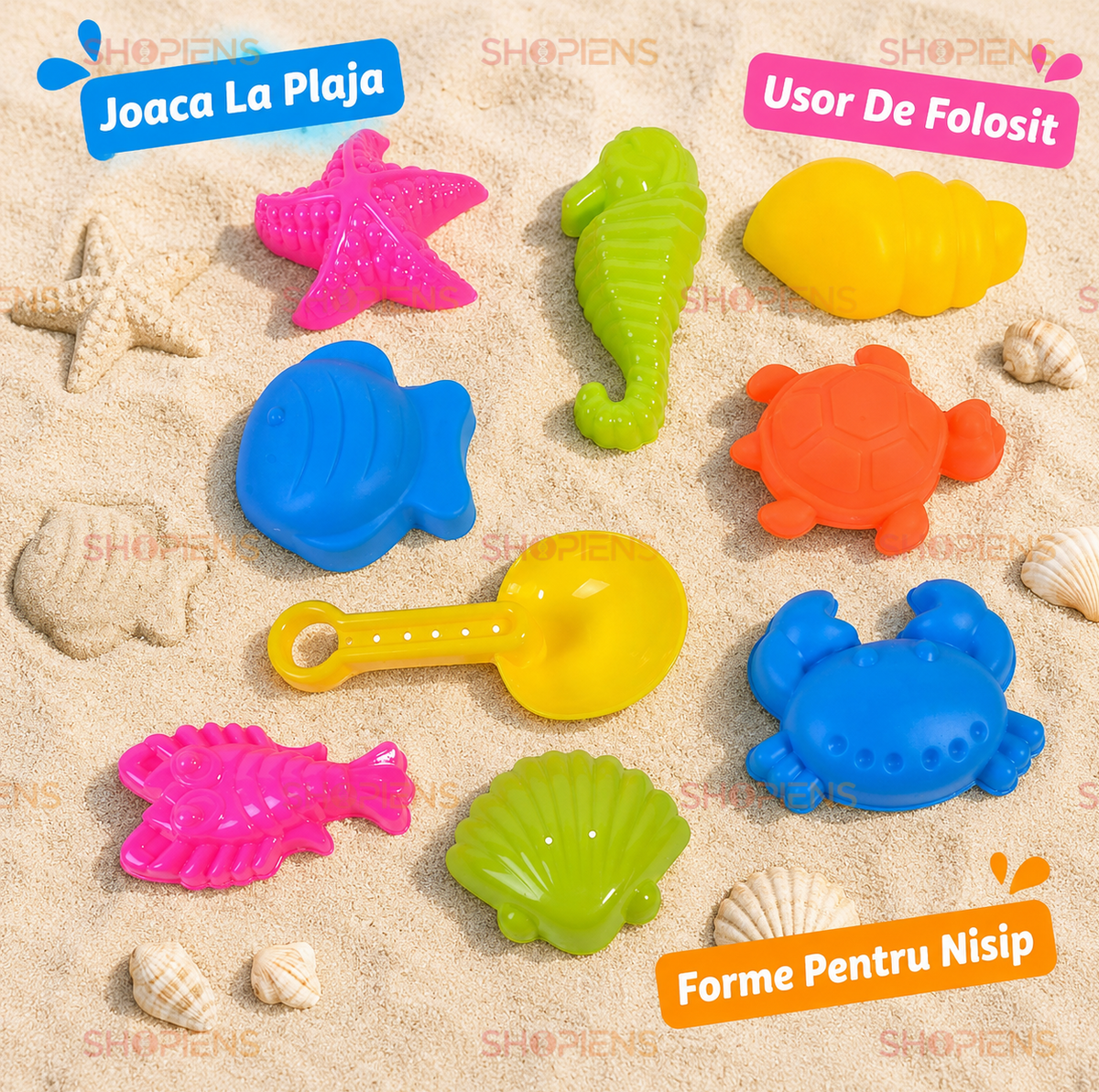 Set 9 Jucarii Nisip Copii Cu Lopatica Si Forme Animale Marine Colorate Pentru Plaja